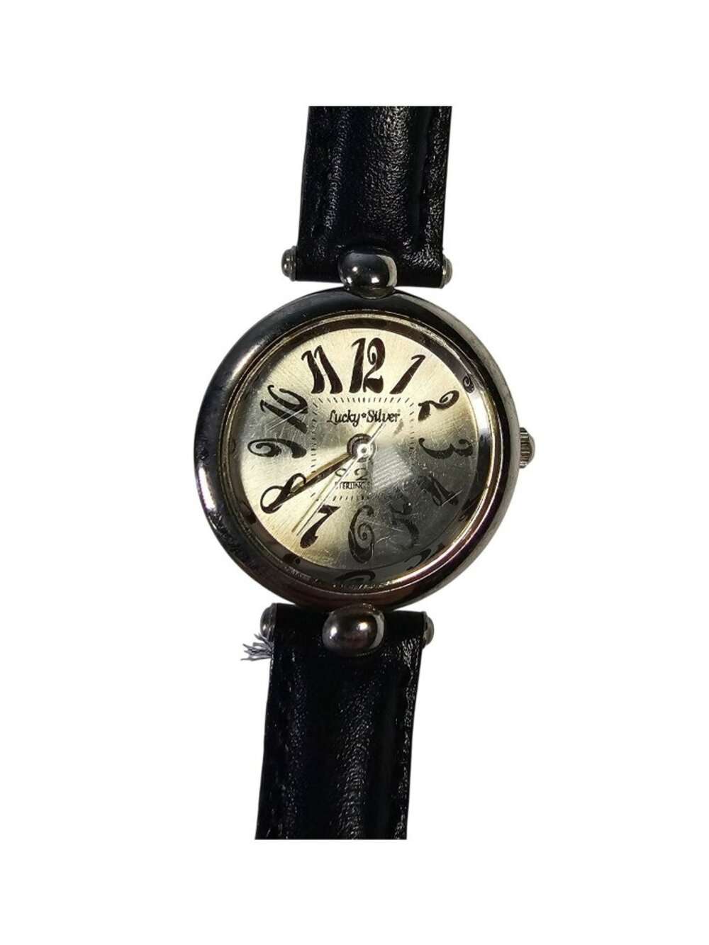 Lucky Silver Women's Sterling Silver Analog Watch With Black Leather Strap